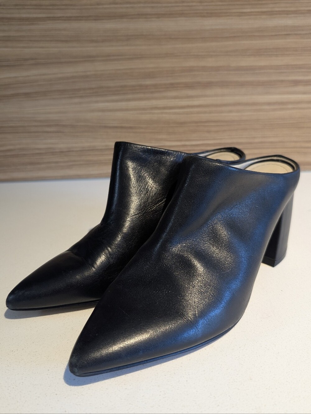 Marc Fisher Point toe mule heels black leather